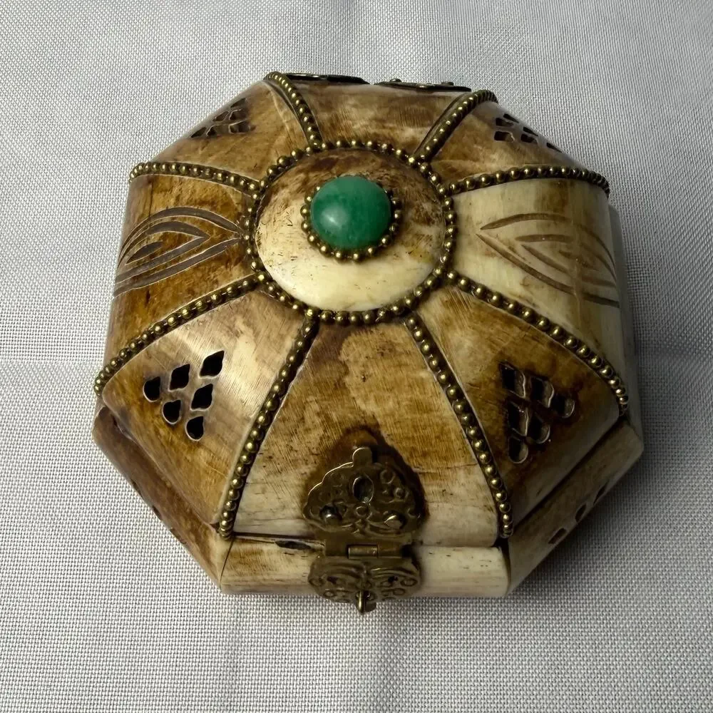 Vintage Camel Bone & Brass Trinket Box Octagonal India Green Cabochon